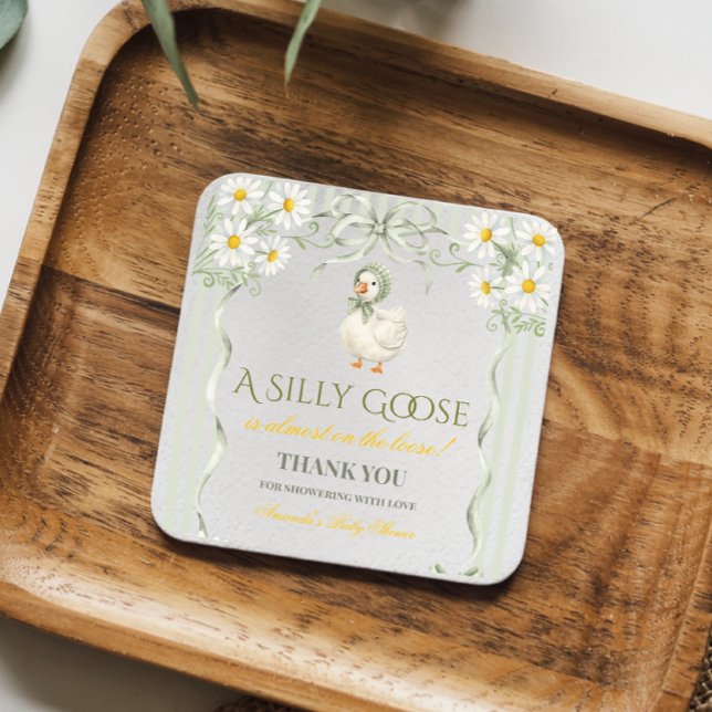 Dessous-de-verre Carré En Papier Silly Goose Sage Green Gender Neutral Baby Shower (Créateur téléchargé)