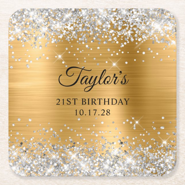Dessous-de-verre Carré En Papier Silver Glitter Gold Foil 21st Birthday (Devant)