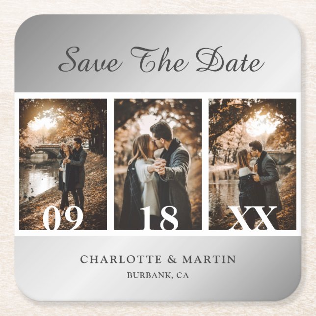 Dessous-de-verre Carré En Papier Silver Wedding Photo Save The Date Coasters (Devant)