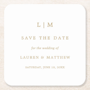 Dessous-de-verre Carré En Papier Simple Antique Gold Monogramme Mariage Enregistrer