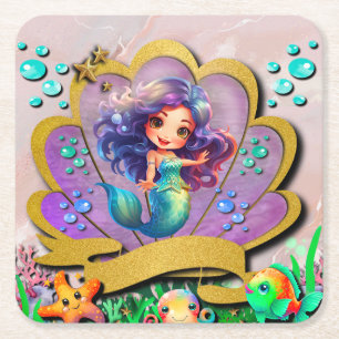Dessous-de-verre Carré En Papier Sirène, Coquillage, Amis d'animaux marins, Coral R