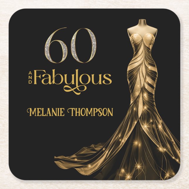 Dessous-de-verre Carré En Papier Sixty and Fabulous Gold Dress Black 60th Birthday (Devant)