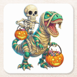 Dessous-de-verre Carré En Papier Skeleton Whimsical équitation maman T-Rex Hallowee