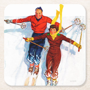 Dessous-de-verre Carré En Papier Ski de descente en couple