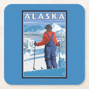Dessous-de-verre Carré En Papier Ski en affiche de Vintage voyage de l'Alaska