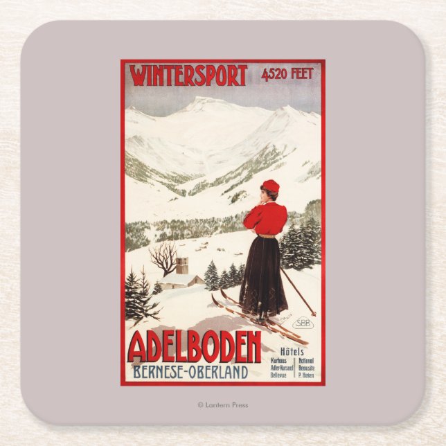 Dessous-de-verre Carré En Papier Skieur de femme donnant sur l'affiche d'Adelboden (Devant)
