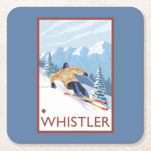 Dessous-de-verre Carré En Papier Skieur de neige de Downhhill - Whistler, AVANT