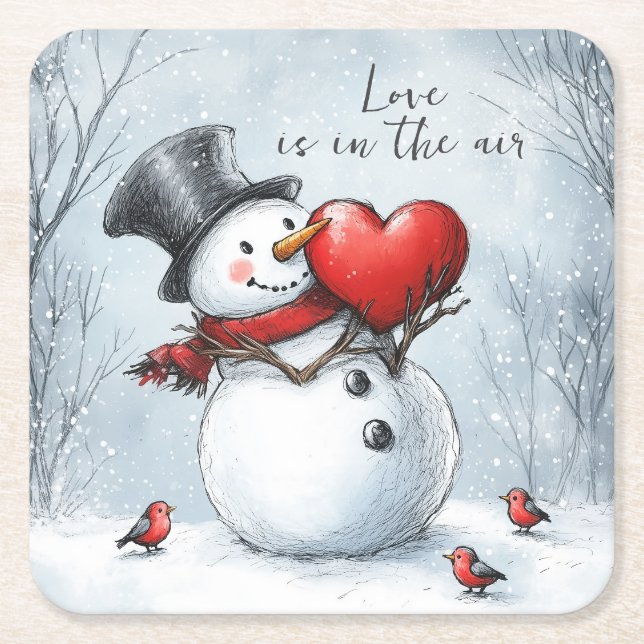 Dessous-de-verre Carré En Papier Snowman offre l'amour avec un grand coeur (Devant)