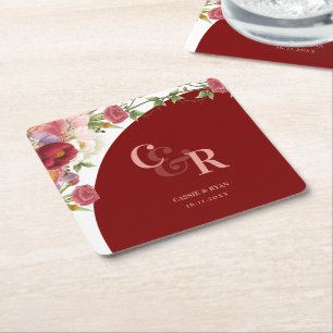 Dessous-de-verre Carré En Papier Soirée de Mariage Monogramme Floral Bourgogne
