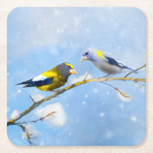 Dessous-de-verre Carré En Papier Soirée Grosbeak Peinture - Cute Original Chien Art