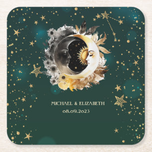 Dessous-de-verre Carré En Papier Soleil et fleurs de lune célestes étoiles vertes