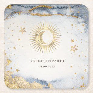 Dessous-de-verre Carré En Papier Soleil, Lune, Étoiles Célestes Aquarelle