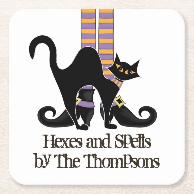 Dessous-de-verre Carré En Papier Sorcière d'Halloween avec chat noir mignonne Whims (Devant)