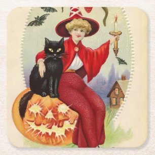 Dessous-de-verre Carré En Papier Sorcière d'Halloween vintage et chat noir