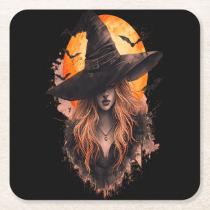 Dessous-de-verre Carré En Papier Sorcière effrayante d'Halloween