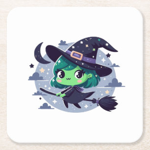 Dessous-de-verre Carré En Papier Sorcière sur Broom Halloween Cute Cartoon Moon Bat