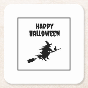 Dessous-de-verre Carré En Papier Sorcière sur chambre avec chat Halloween