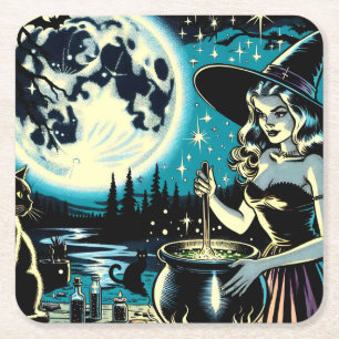 Dessous-de-verre Carré En Papier Sorcière vintage remportant une fête d'Halloween C