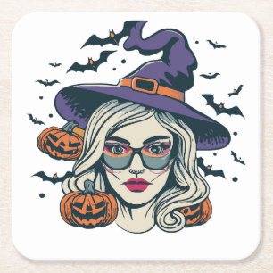 Dessous-de-verre Carré En Papier sorcières d'Halloween drôle d'Halloween