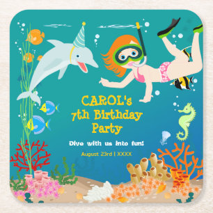 Dessous-de-verre Carré En Papier Sous la mer dauphins et fête d'anniversaire fille