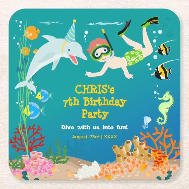 Dessous-de-verre Carré En Papier Sous la mer dauphins et fête d'anniversaire garçon (Devant)