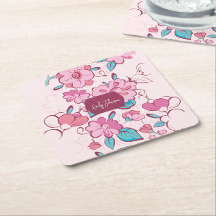 Dessous-de-verre Carré En Papier Sous-main en papier à motif floral rose et nom en 