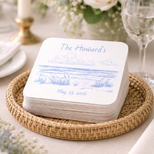 Dessous-de-verre Carré En Papier Sous-verres de mariage personnalisés sur la plage