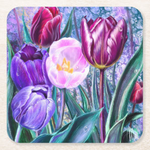 Dessous-de-verre Carré En Papier Sous-verres en papier aux tulipes colorées