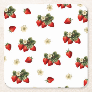 Dessous-de-verre Carré En Papier Sous-verres en papier fraise avec fleurs sur fond 