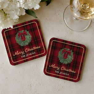 Dessous-de-verre Carré En Papier Sous-verres en papier Joyeux Noël à carreaux rouge