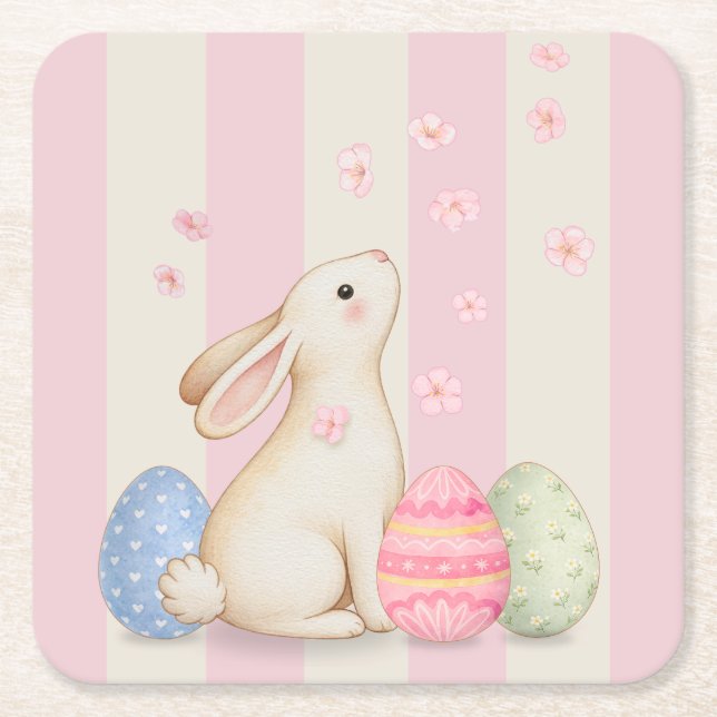 Dessous-de-verre Carré En Papier Spring Easter Bunny & Eggs Stripe  (Devant)