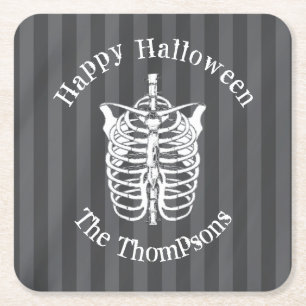 Dessous-de-verre Carré En Papier Squelette effrayant noir et blanc Halloween