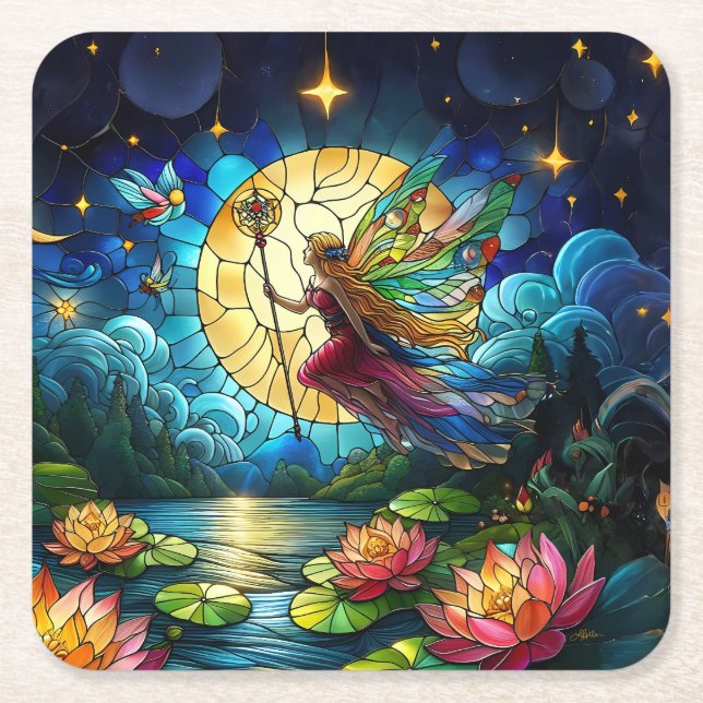 Dessous-de-verre Carré En Papier Stained Glass Moonlight Flight Fairy  (Devant)