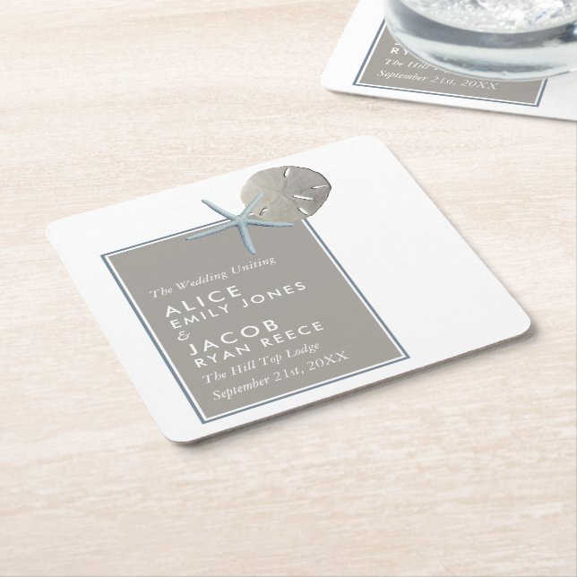 Dessous-de-verre Carré En Papier Starfish and Sand Dollar - Mariage plage (Incliné)