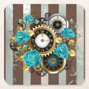 Dessous-de-verre Carré En Papier Steampunk Clock and Turquoise Roses on Striped