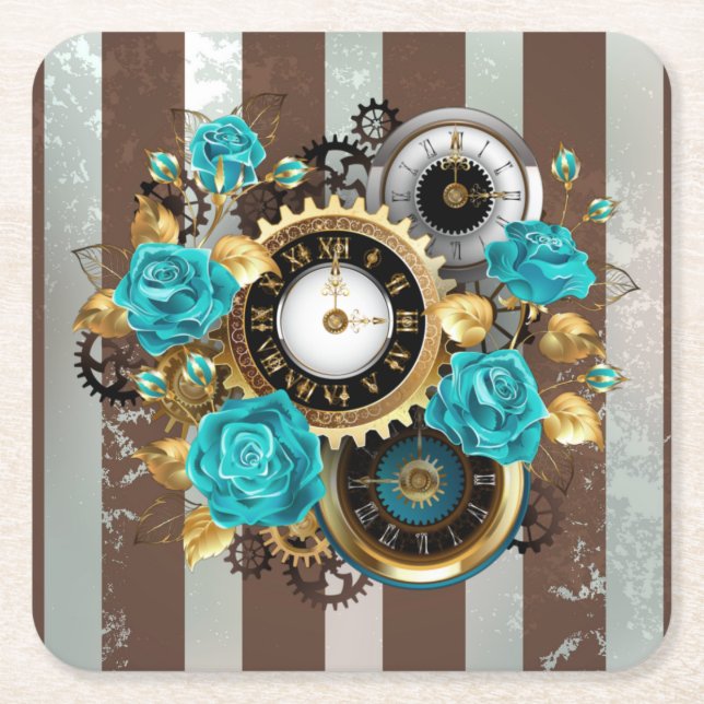 Dessous-de-verre Carré En Papier Steampunk Clock and Turquoise Roses on Striped (Devant)