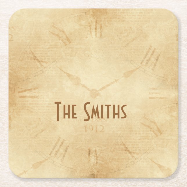 Dessous-de-verre Carré En Papier Steampunk face à l'horloge Sepia (Devant)