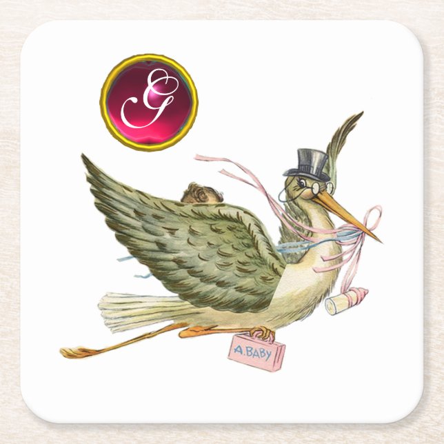 Dessous-de-verre Carré En Papier STORK BÉBÉ FILLE DOUCHE GEM MONOGRAM Blanc (Devant)