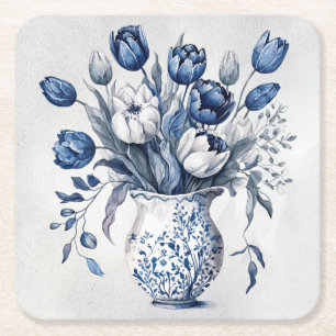 Dessous-de-verre Carré En Papier Style bleu et blanc Delft bouquet de tulipe design