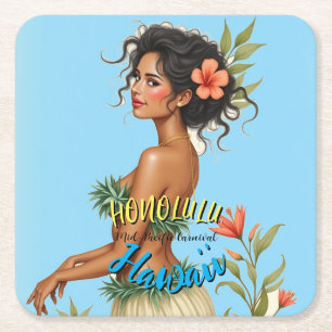 Dessous-de-verre Carré En Papier Style vintage Hawaiian Travel Honolulu Hula Girl