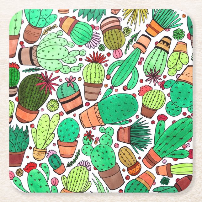 Dessous-de-verre Carré En Papier Succulent Cactus Pots Plante Vert Cactus Jardin (Devant)
