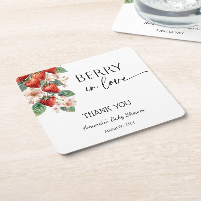 Dessous-de-verre Carré En Papier Sweet Berry in Love Strawberry Bridal Shower (Incliné)