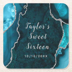 Dessous-de-verre Carré En Papier Sweet sixteen en marbre turquoise et argenté