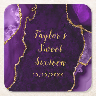 Dessous-de-verre Carré En Papier Sweet Sixteen Marbre Agate Violet et Or
