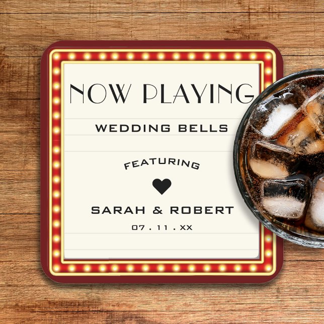Dessous-de-verre Carré En Papier Symbole du cinéma rétro Mariage rouge (Retro Cinema Theater Marquee Sign Red Wedding Square Paper Coaster
)