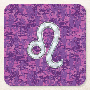 Dessous-de-verre Carré En Papier Symbole Leo Zodiac sur Camo numérique Fuchsia rose