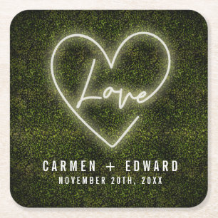 Dessous-de-verre Carré En Papier Symbole Néon blanc Mariage de coeur d'amour