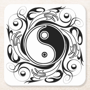 Dessous-de-verre Carré En Papier Symbole Yin & Yang noir et blanc de style tatouage