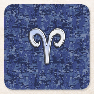 Dessous-de-verre Carré En Papier Symbole Zodiac Aries sur Camo numérique bleu marin