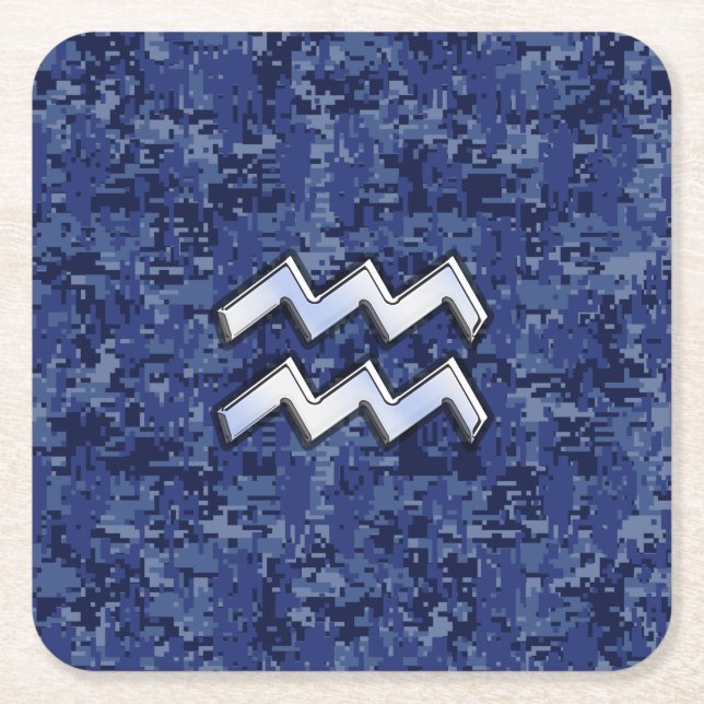 Dessous-de-verre Carré En Papier Symbole Zodiaque Aquarius sur camo numérique bleu  (Devant)